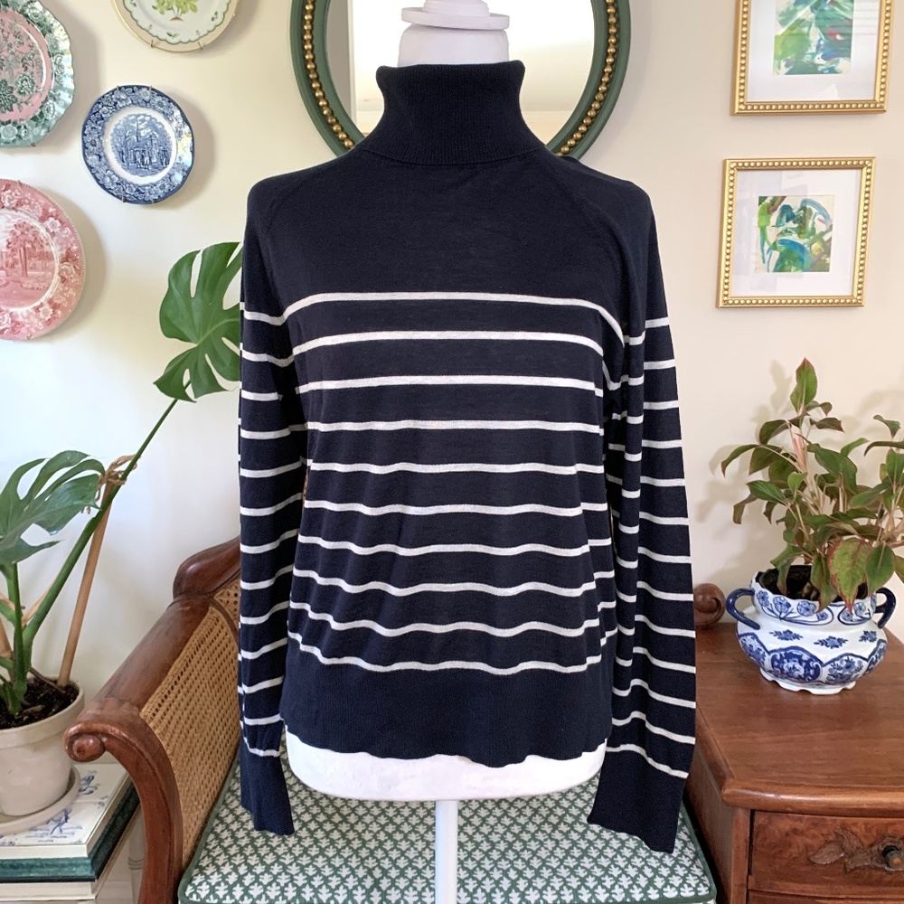 Velvet Graham & Spencer Cotton Navy White Striped Tutleneck Sweater Small